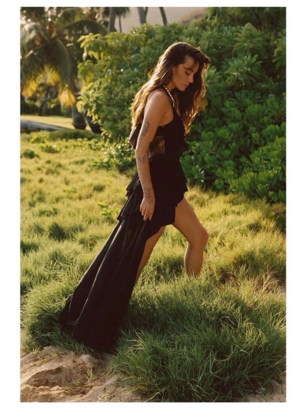 12th Tribe Nyx Black Lace Inset Ruffle Chiffon Maxi Dress Size Large L - Picture 6 of 8